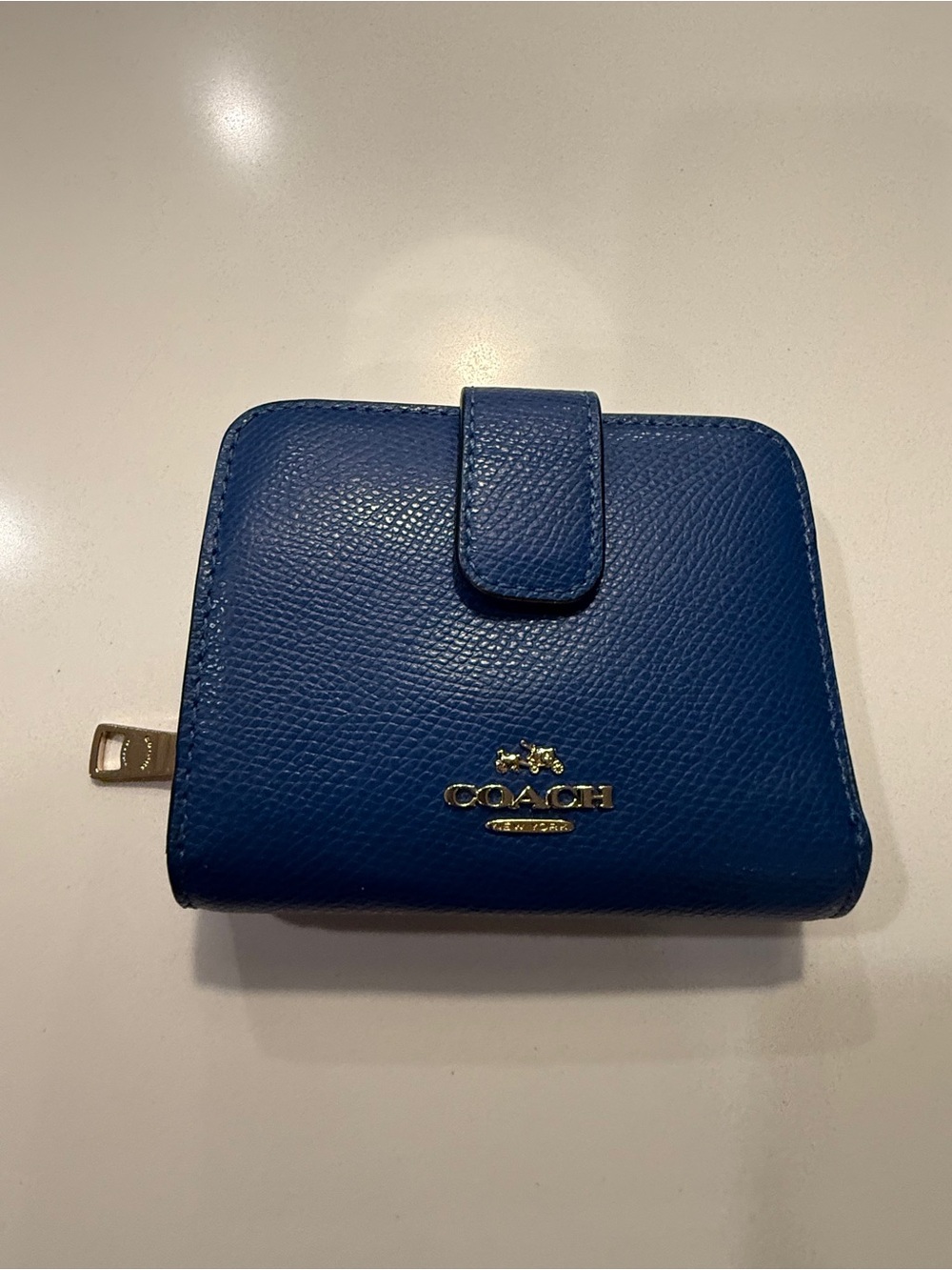 Coach Blue Crossgrain Leather Bifold Zip Wallet with Gold Hardware